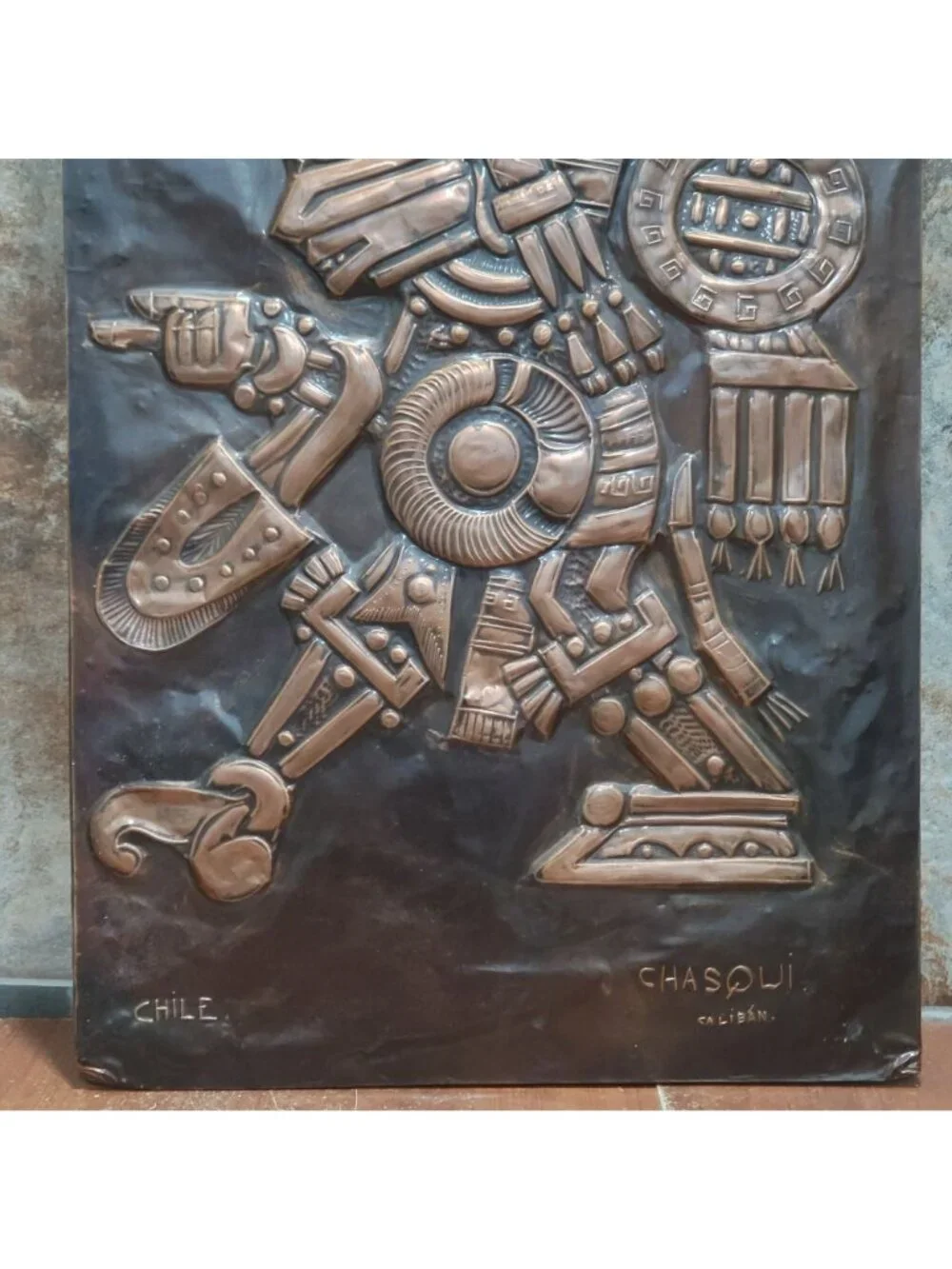 VTG Aztec Copper Relief Wall Plaque Tezcatlipoca Caliban Chile Chasqui Art